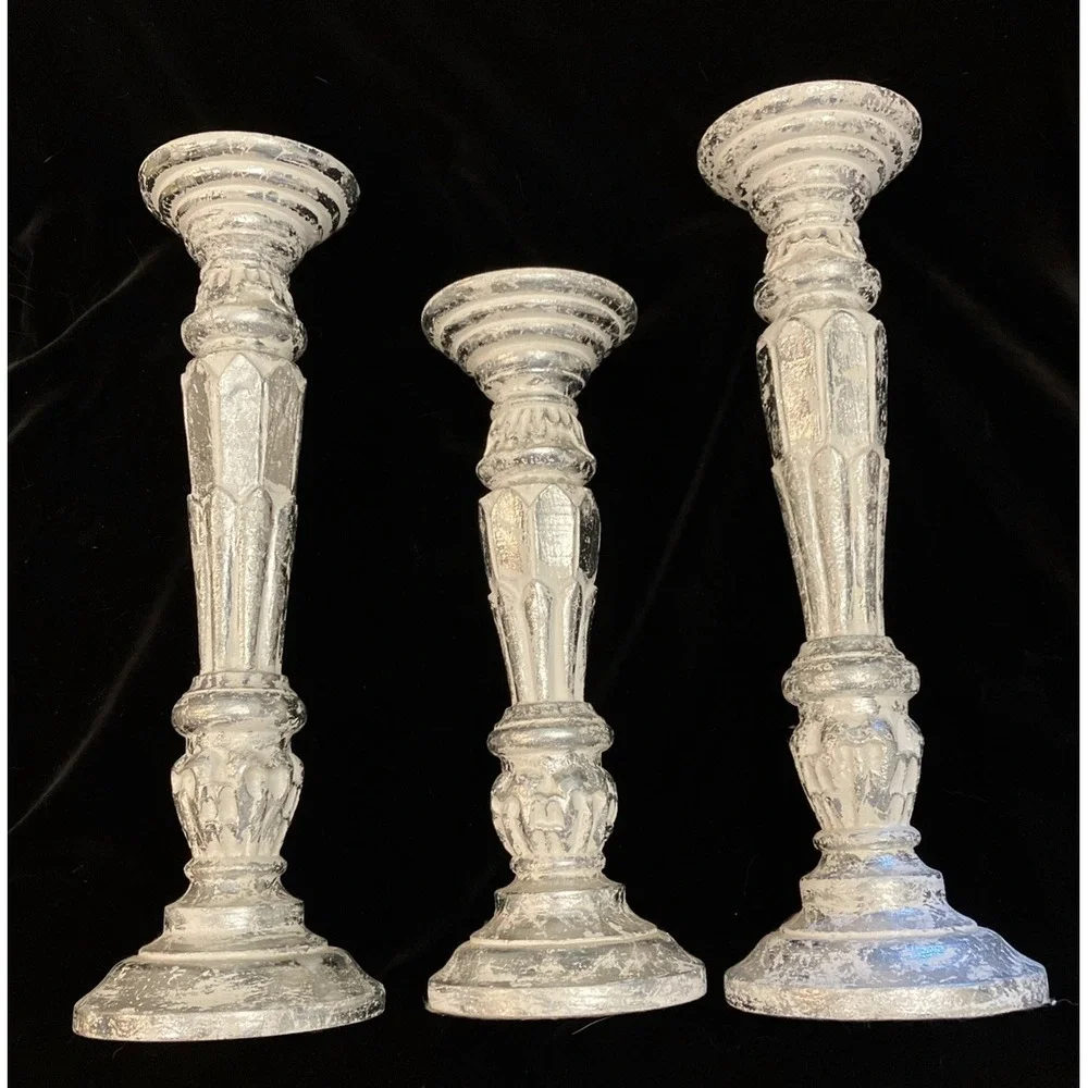 Distressed Silver Faux Mercury Mirror Resin Tall Candle Holder Candlestick Set 3